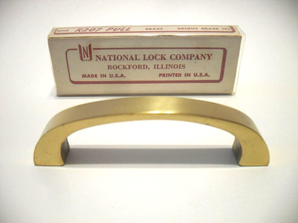 Vintage Nos Small Bright Brass Drawer Pull Cabinet Handle Heavy National Lock