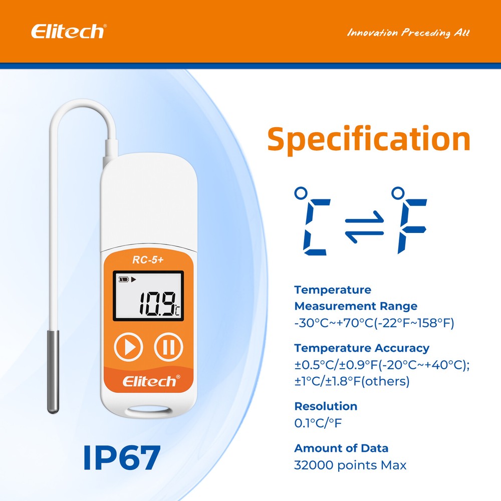 Elitech RC-5+ TE External Sensor Temperature Data Logger 32000Points PDF Report