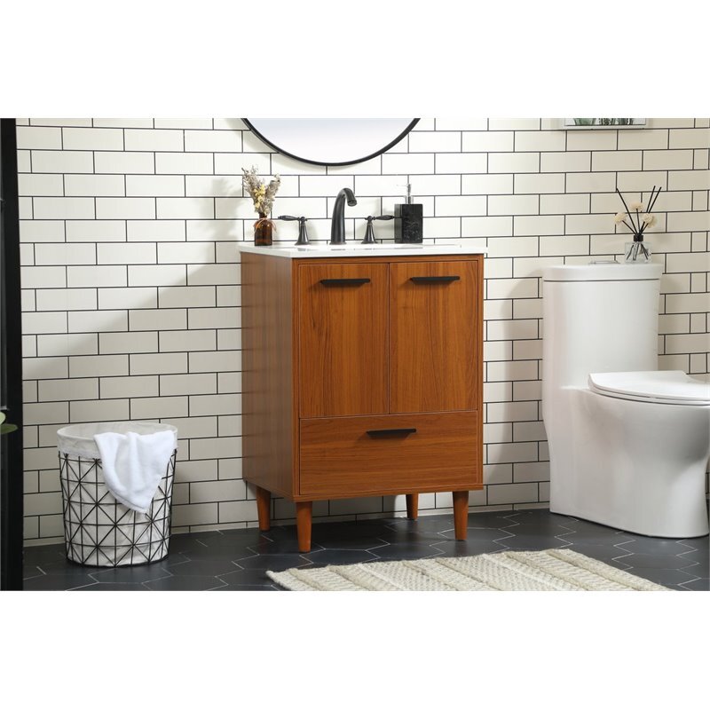 Elegant Decor Baldwin 24" Solid Wood and MDF Bathroom Vanity in Teak