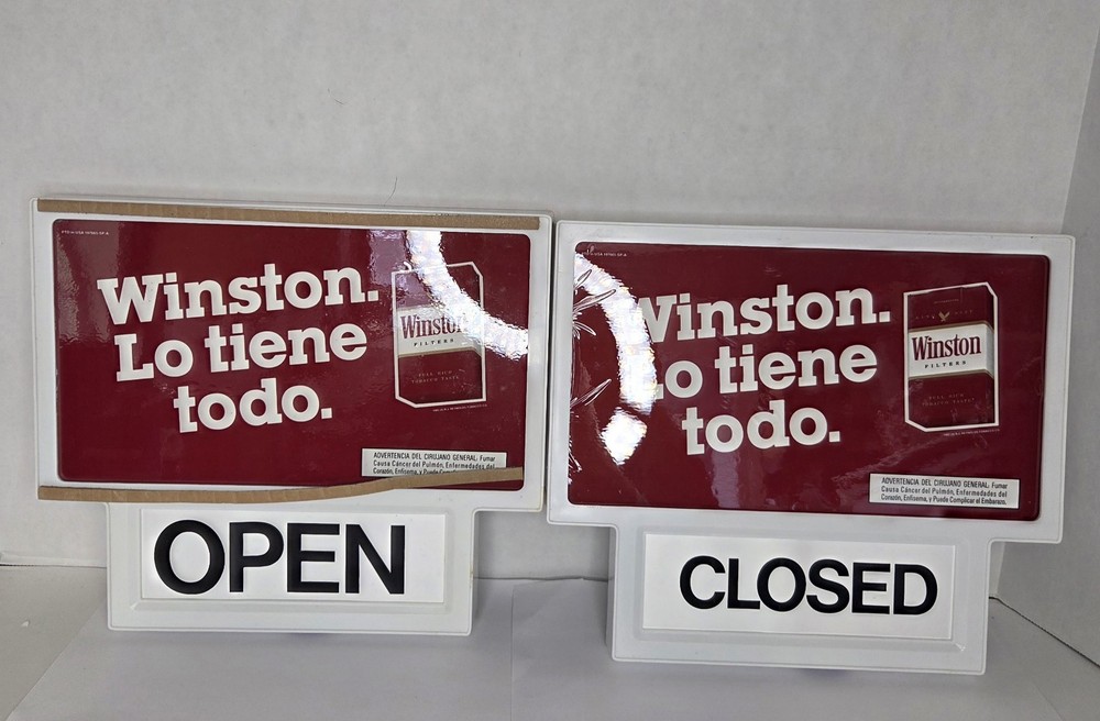 2 WINSTON Cigarettes Store Display Signs With Open/Closed Component Plastic