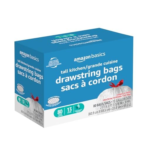 Amazon Basics Ultra-Force Tall Kitchen Drawstring 1 Count (Pack of 80), White