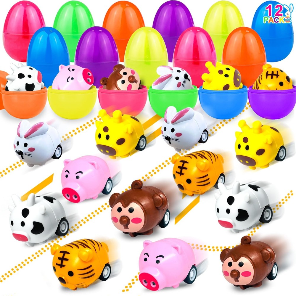 12 Pack Filled Easter Eggs with Toys Inside, Animals Bunny Pull Multicolor