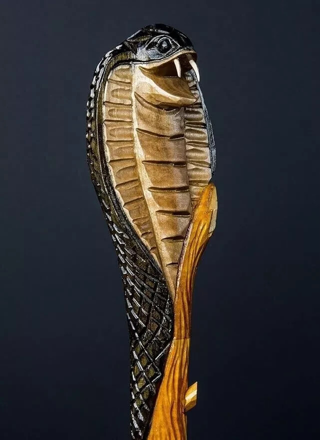 Wooden Walking Stick with Solid Cobra Snake Design Curved Handle