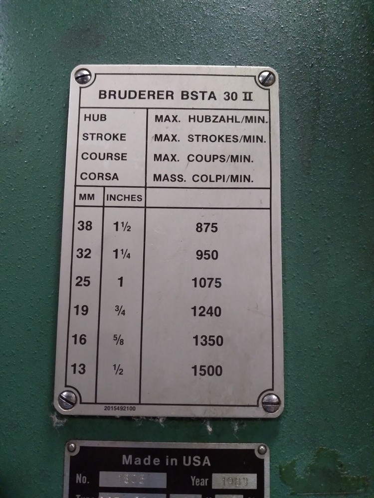 Bruderer 30 Ton High Speed 4 post punch press.