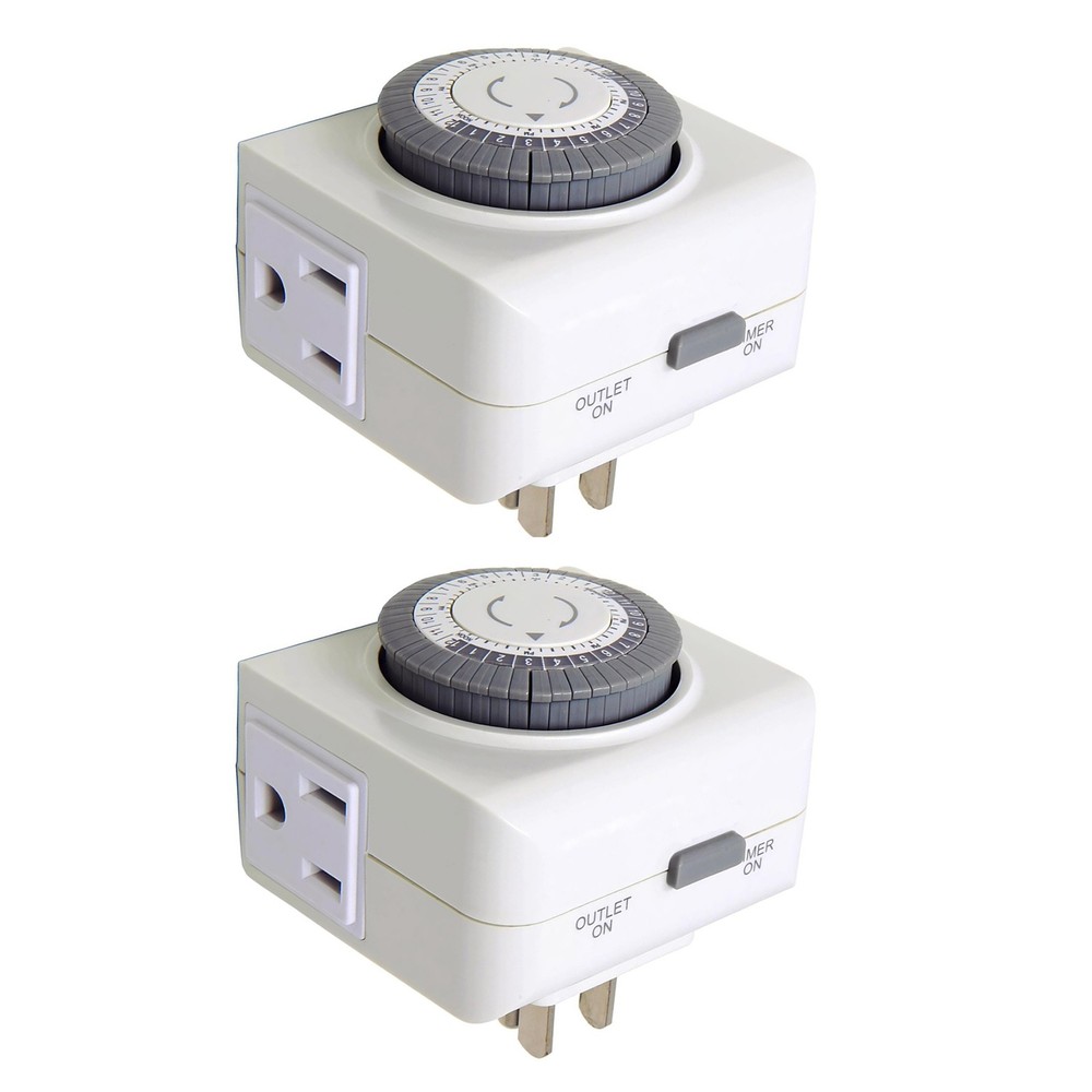 2 Pack 110-125V 3-Pin Outlet Timer For Lamp Control 24-Hour Programmable Switch