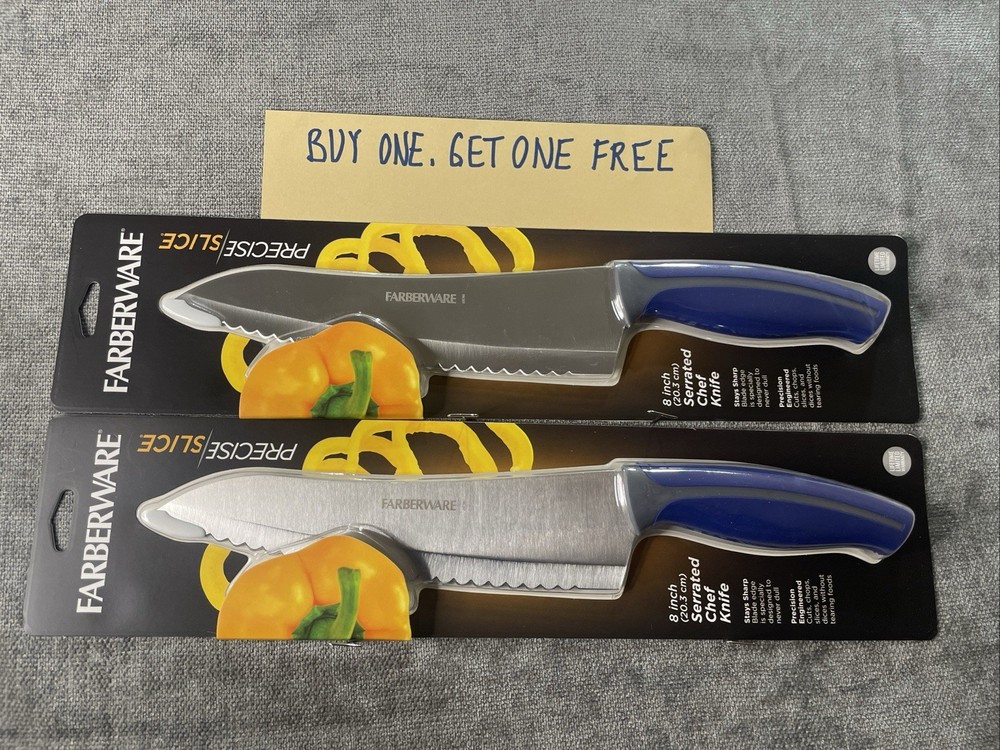 Farberware Precise Slice 8” Serrated Chef Knife w/Blue & Gray Handle BOGO