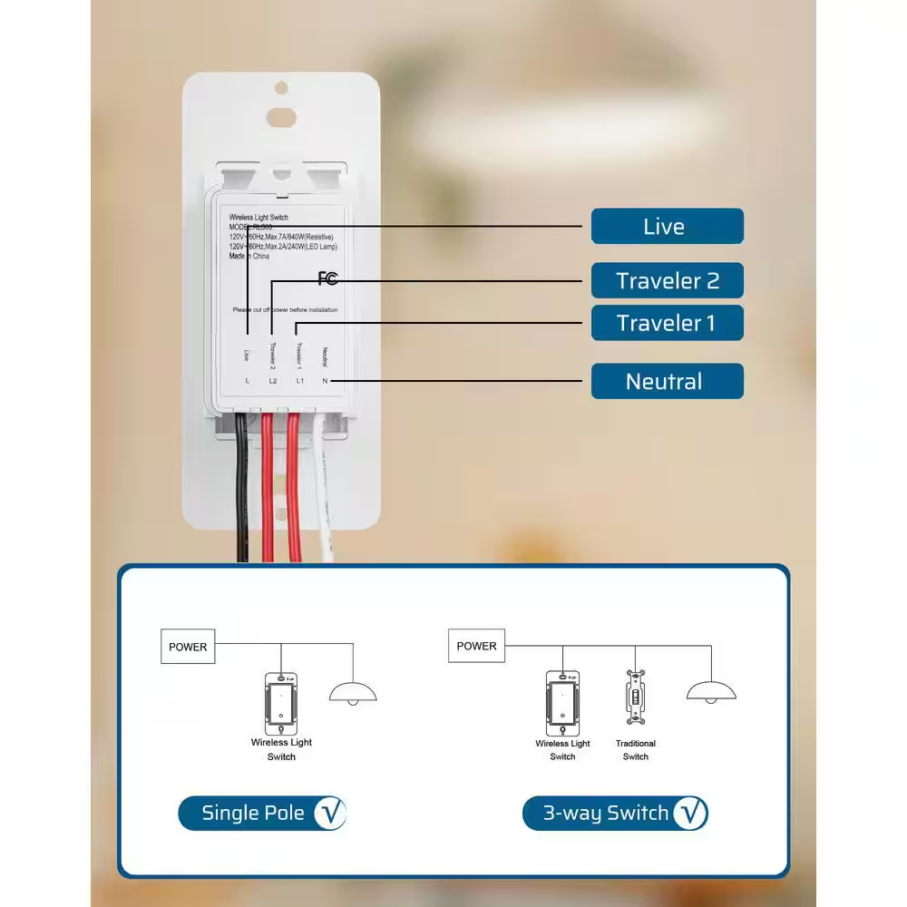 125-Volt 3 Way Wireless Remote Control Light Switch and Receiver Kit with Magnet