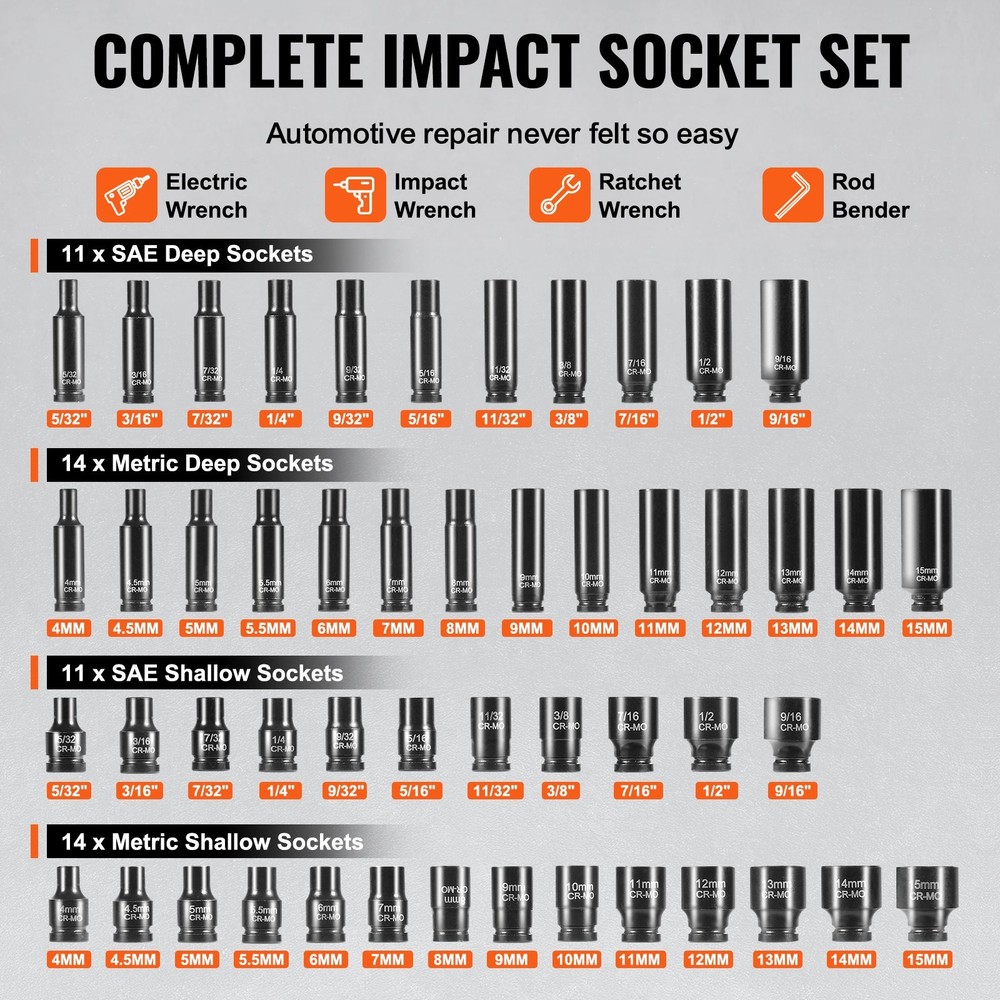 HOT/ Drive Impact Socket Set 1/4" - 55 Piece Deep&Shallow Socket Set SAE 5/32"-