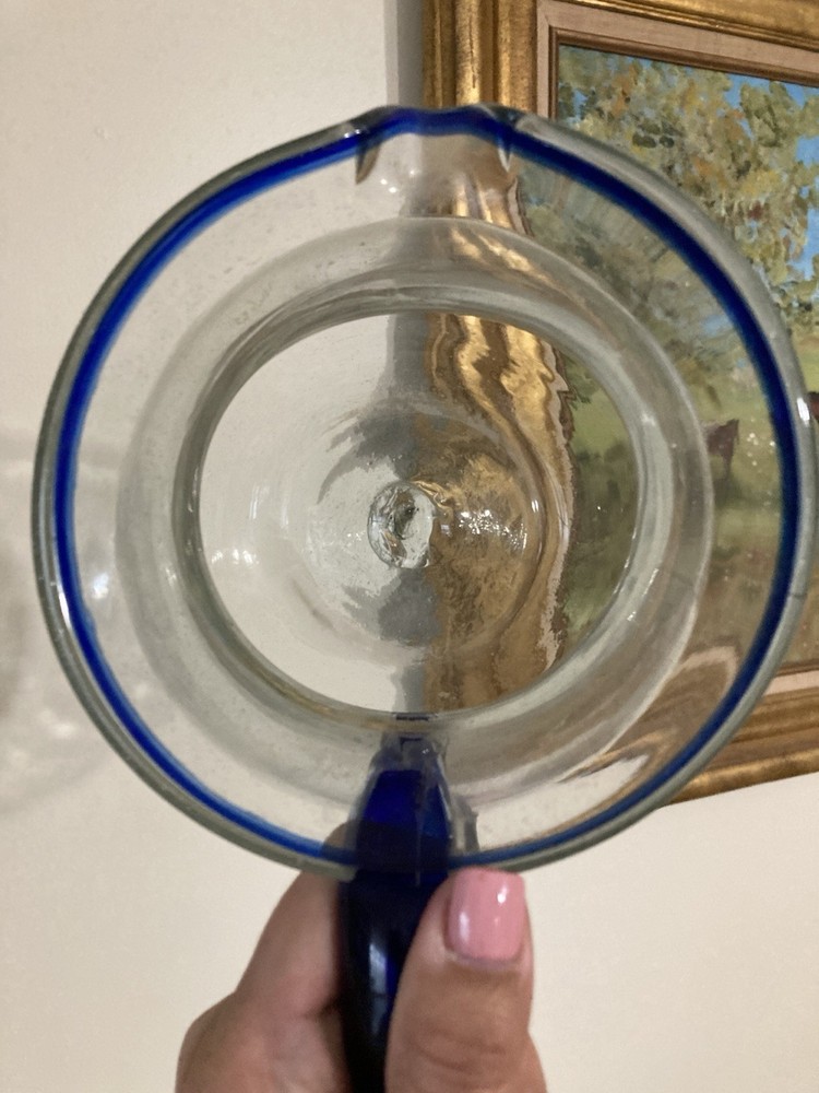 Baja Pitcher Clear Cobalt Rim Hand Blown