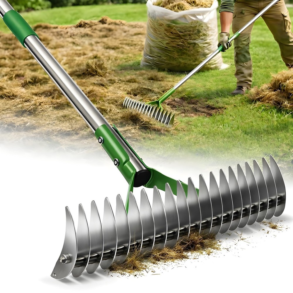 2-in-1 Lawn Thatch Rake - Adjustable Handle, Heavy Duty Dethatching & Scarifier