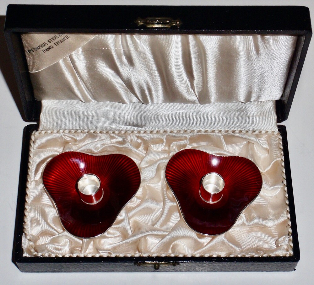 MEKA Denmark 1950's Sterling Silver Ruby Guilloche Enameled Trifold Candlesticks
