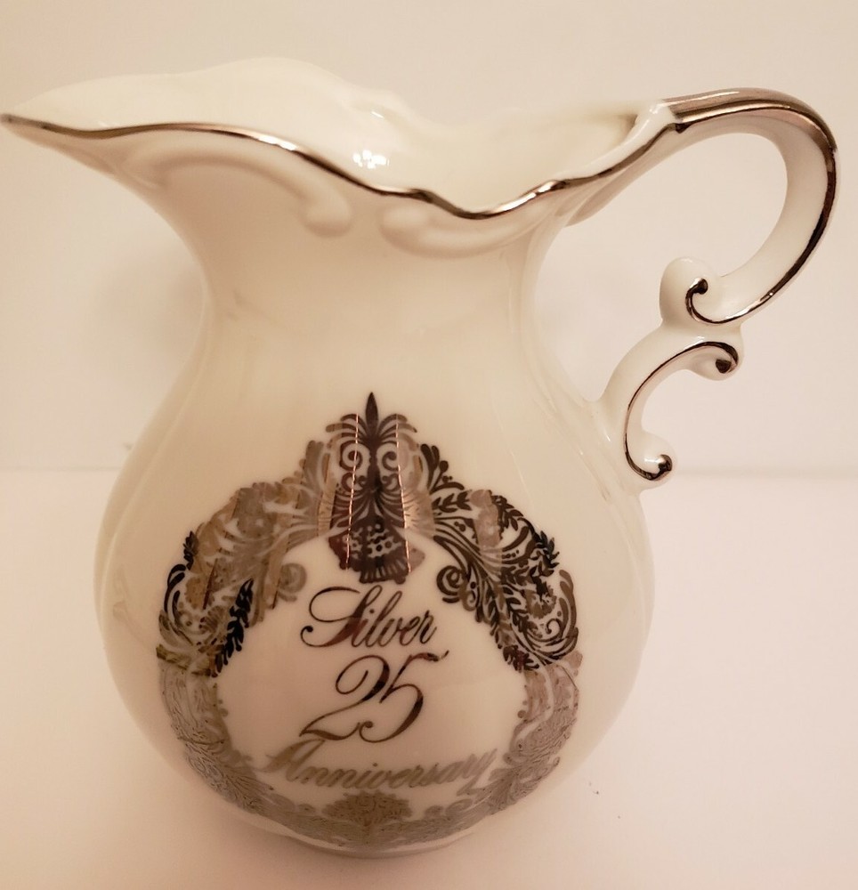 Vintage China 25th Anniversary Pitcher Silver Trim and Scroll