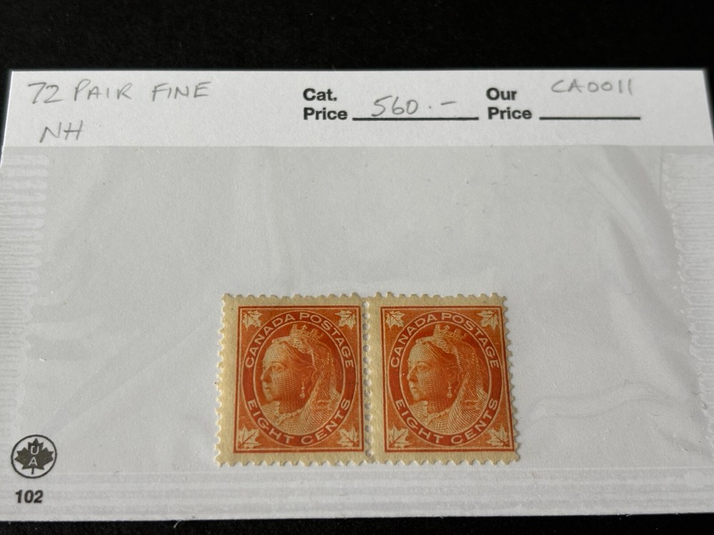 8-Cent QV Leaf - #72 Pair Mint NH Fine, CV $560.00 (CA011)
