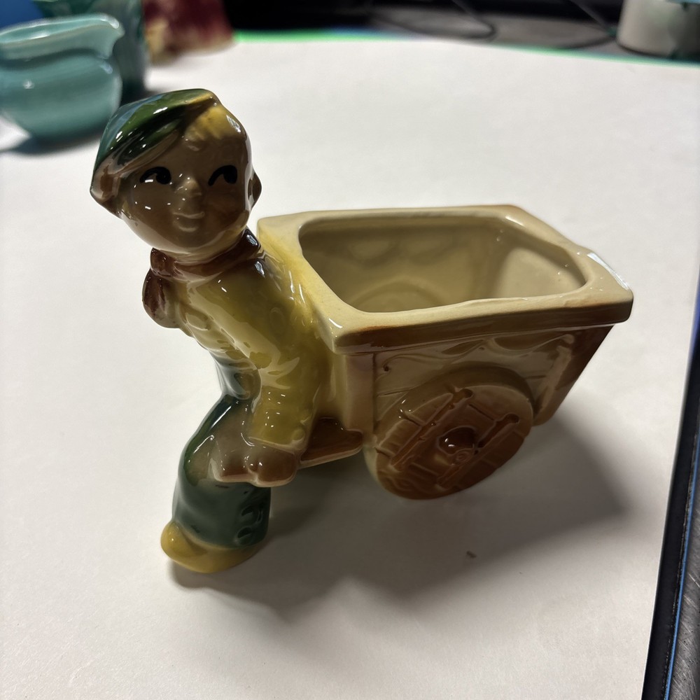 Vintage Shawnee Pottery Boy Pulling A Cart Flower Planter