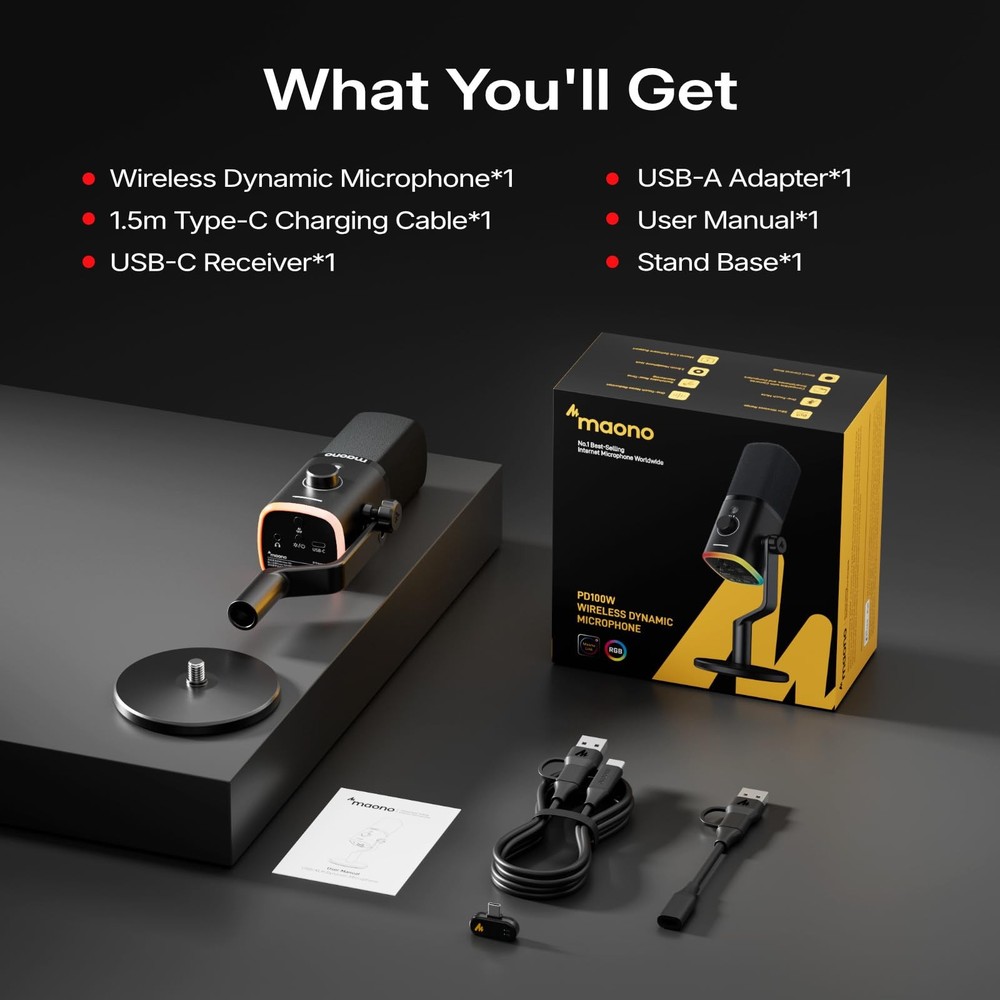 MAONO PD100W Wireless/USB Microphone, PC Gaming USB-C Receiver, Black