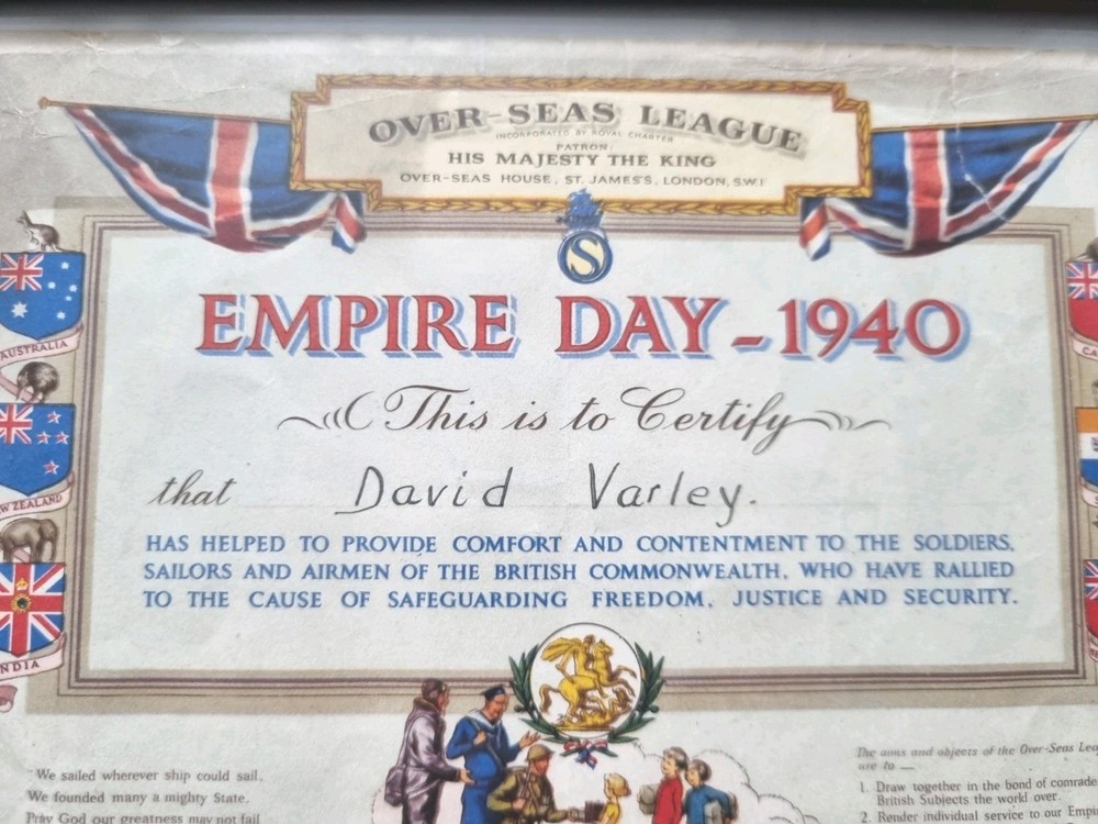 Original WW2 Empire Day Certificate Framed - 1940 - David Varley