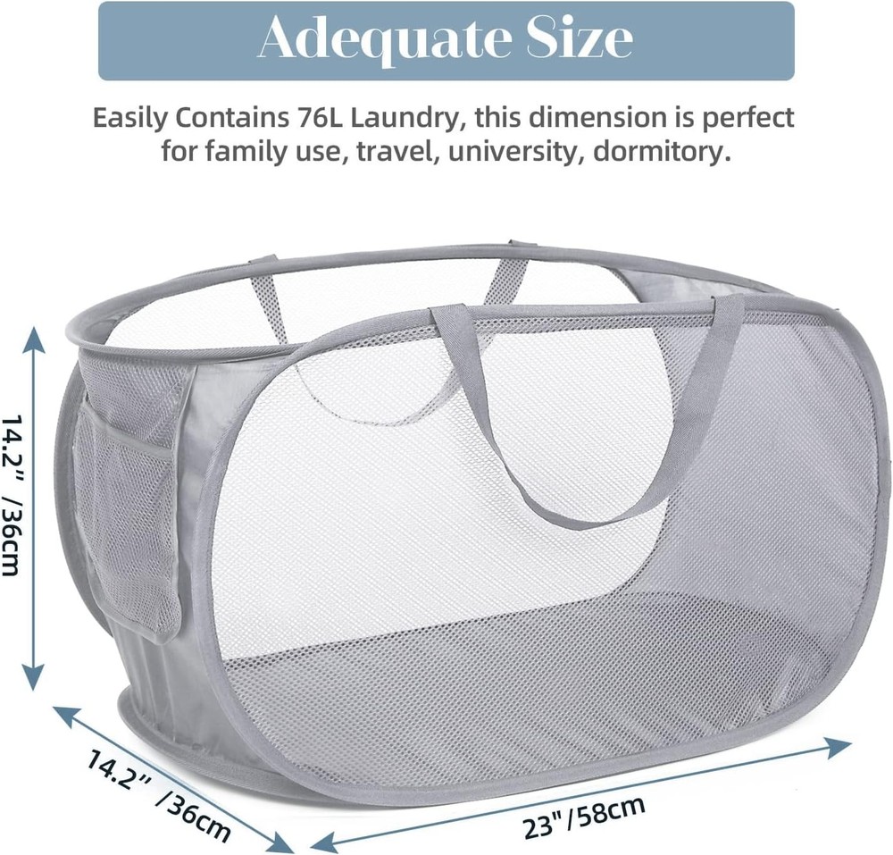 Durable Collapsible Laundry Baskets, Mesh Pop Up Laundry Hamper with Side