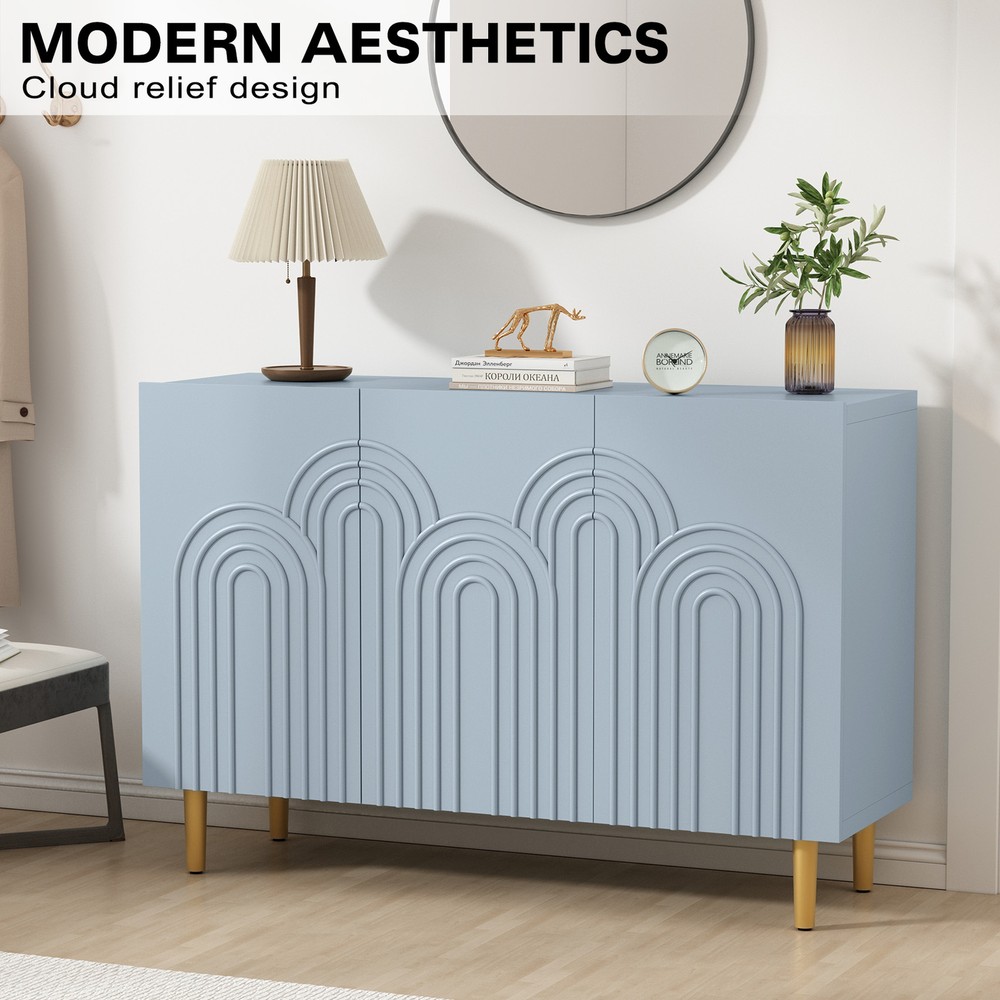 Wood Accent Storage Cabinet with Storage and 3 Doors 47" with Relief Patterned