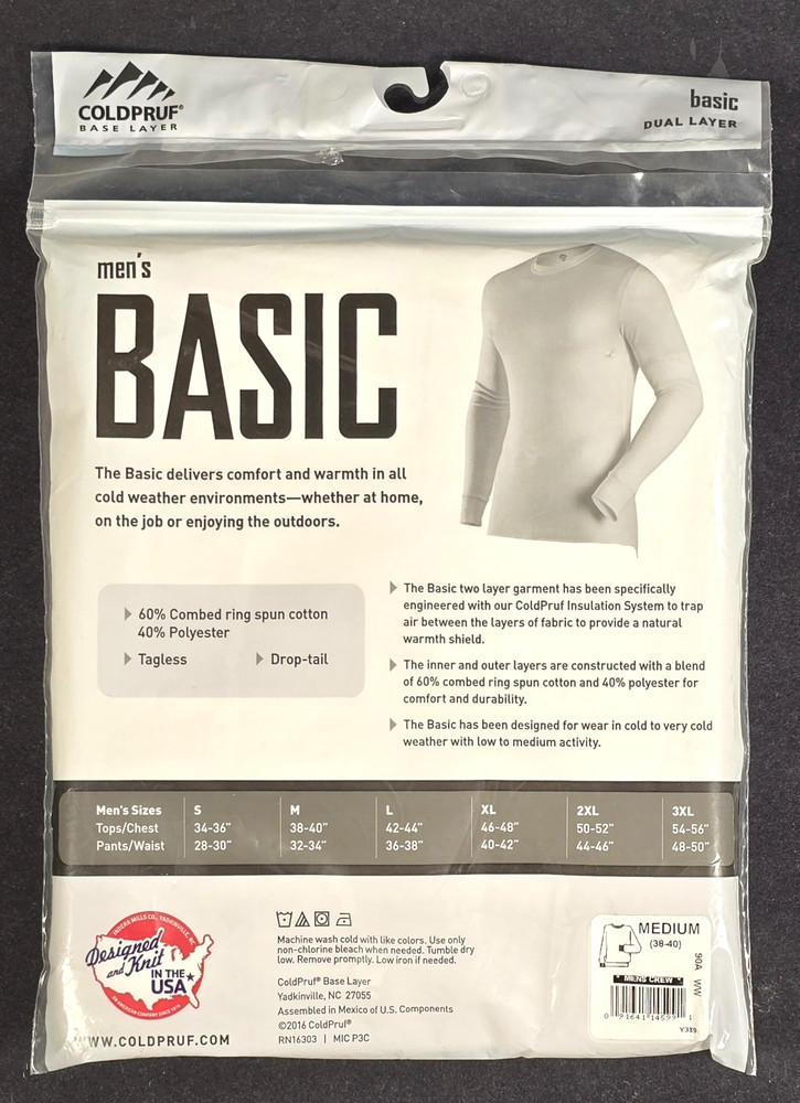 (4) COLDPRUF Base Layer Basic Men LS White Crew Neck 2 Layer Thermachoice Medium