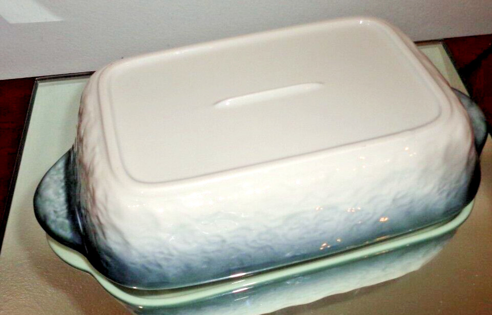 Set of 2 Green & Gray Ceramic Rectangular Baking Roasting Stackable Pan 9X5.5X1"
