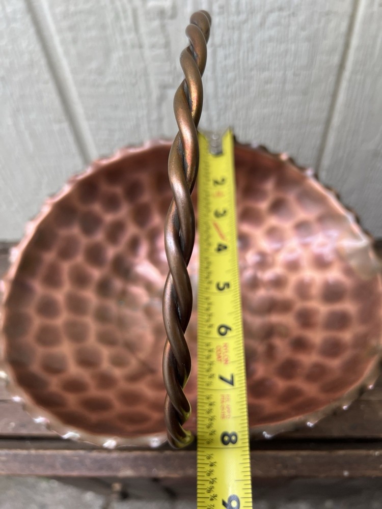VTG Solid Copper Footed Basket with Scalloped Edge, Twisted Handle