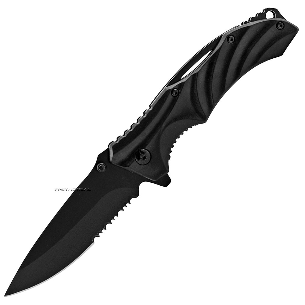 Pacific Solutions Textured Stainless ABS Wave Tech Black Spring Assist Knife 4"