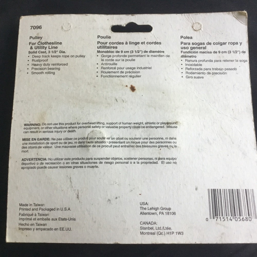 Lehigh Clothesline Pulley 3 1/2” Solid Cast NOS Never Opened