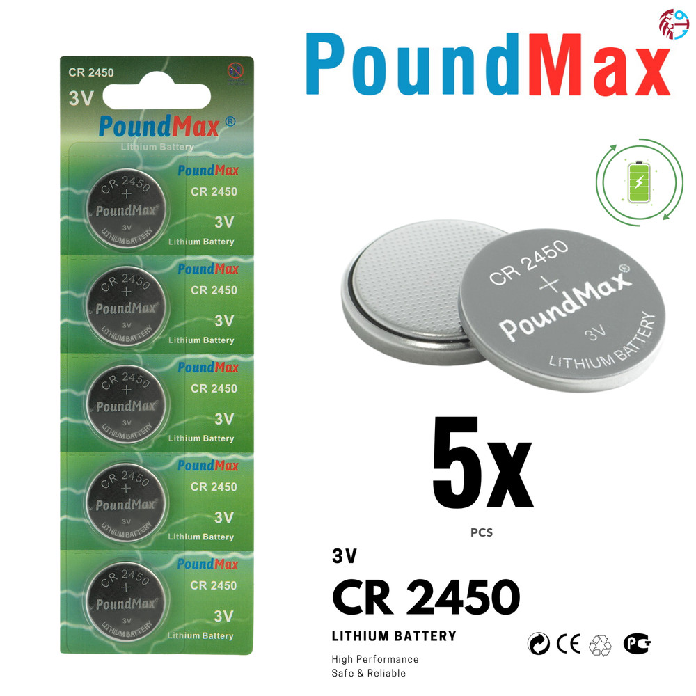 PoundMax CR2450 Batteries 3v Lithium Button Cell Battery Combo Pack - 5 Count