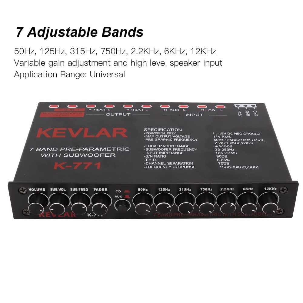 Car Audio Equalizer, Low Pass 7 Band Car Graphic Equalizer High Level Input EQ w