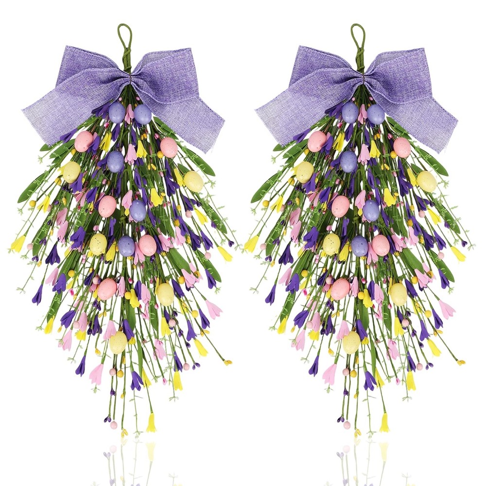 2 Pack 24'' Easter Teardrop Swags for Front Door Pastel Easter Eggs Teardrop ...