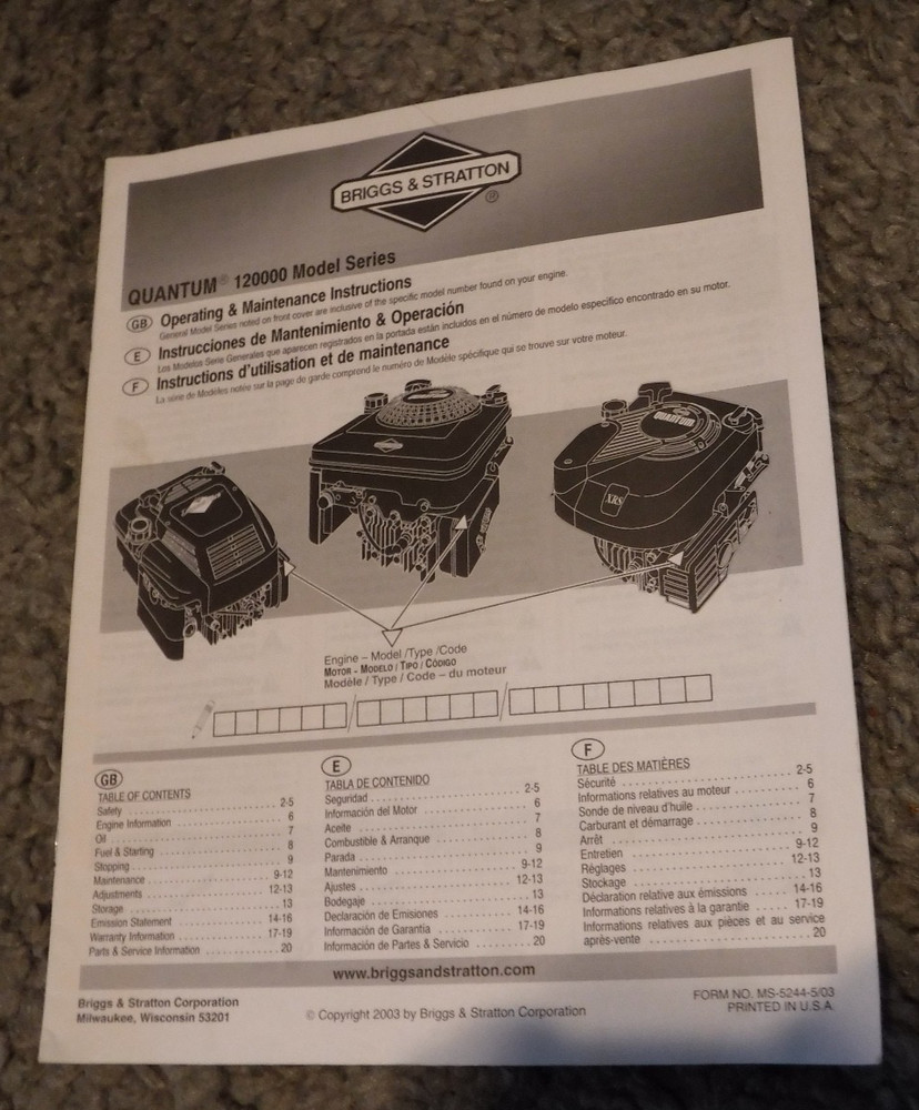 BRIGGS & STRATTON QUANTUM 120000 MODEL SEIES OPERATING & MAINTENANCE INSTRUCTION