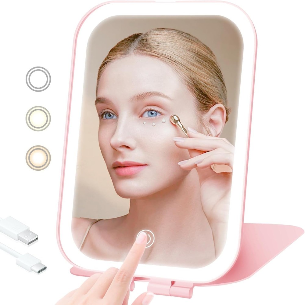 Travel Makeup Mirror, Portable Mirror with 3 Adjustable Light Settings, USBRe...