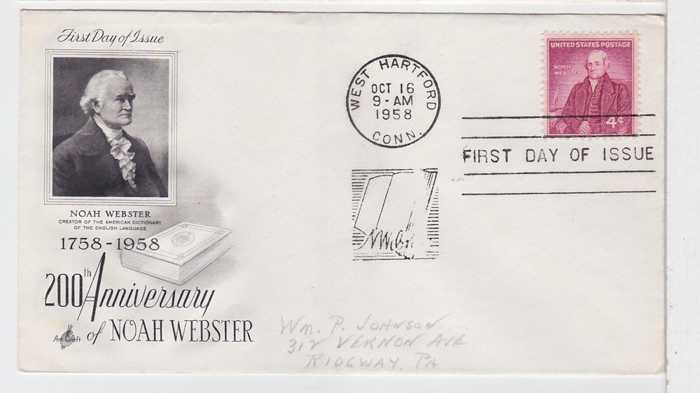 TurtlesTradingPost - Noah Webster- Dictionary Author  #1121- 1958  Artcraft FDC
