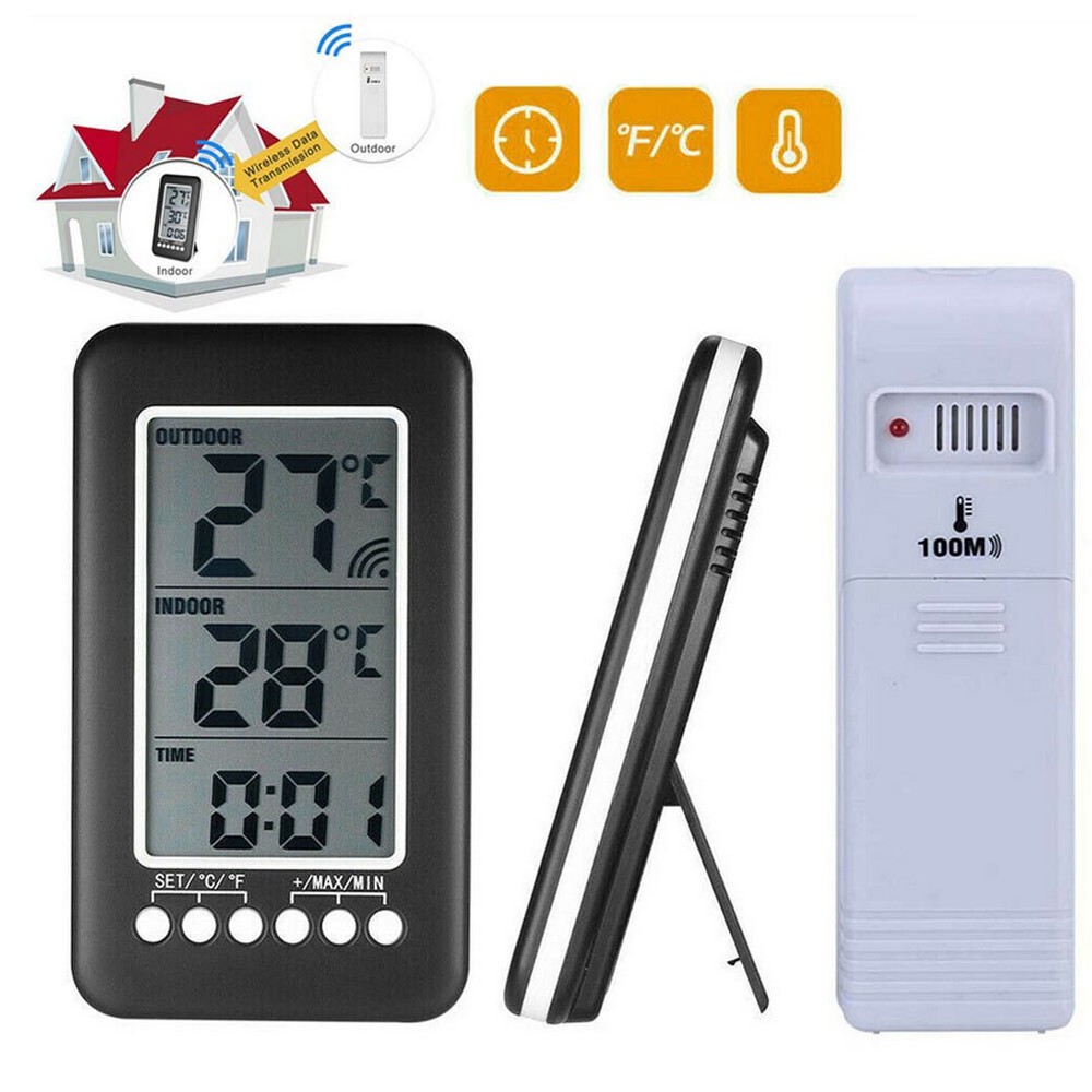 Indoor/Outdoor Digital Thermometer Clock Temperature Wireless Transmitter ℃/℉ US