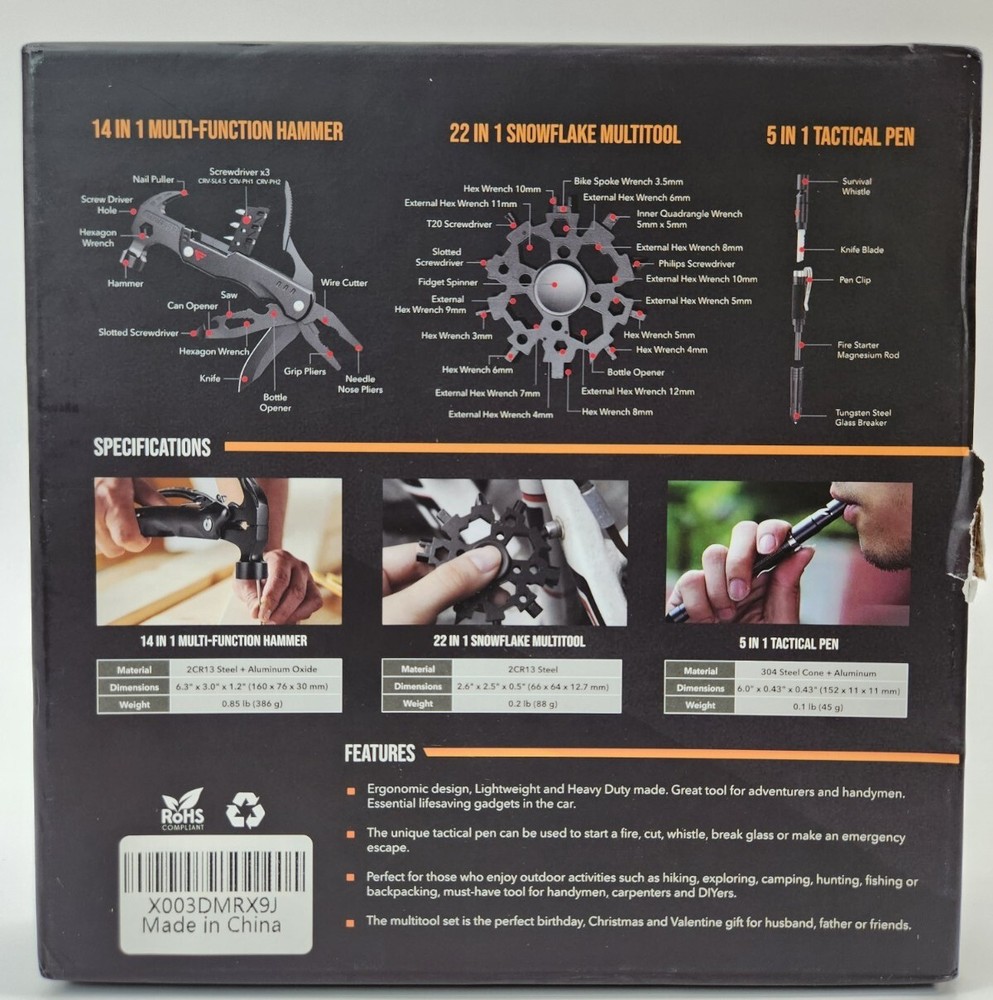 Fivejoy Multi Tools Purpose Emergency Survival Axe Hatchet Hammer Gear Kit Set