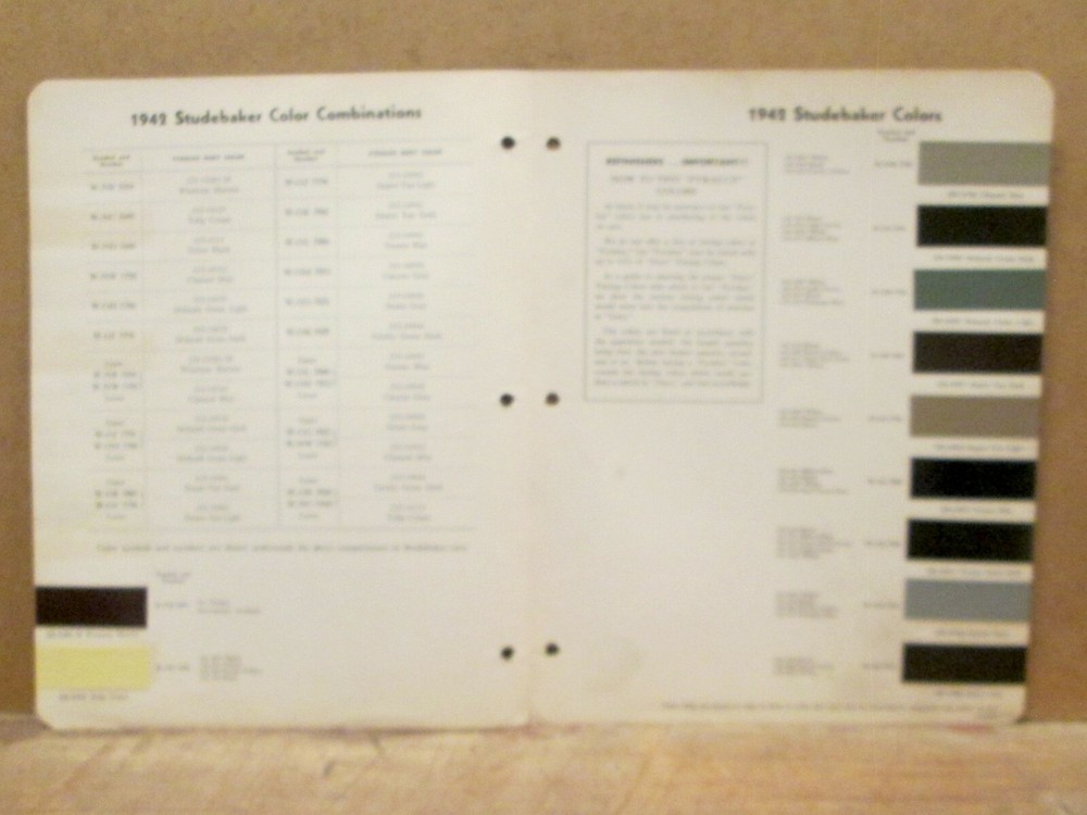 1942 STUDEBAKER PAINT CHIP SHEETS - Dupont