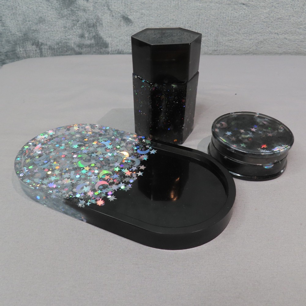 ROLLING TRAY Grinder Stash Container Set Black Silver Celestial Glitter Handmade