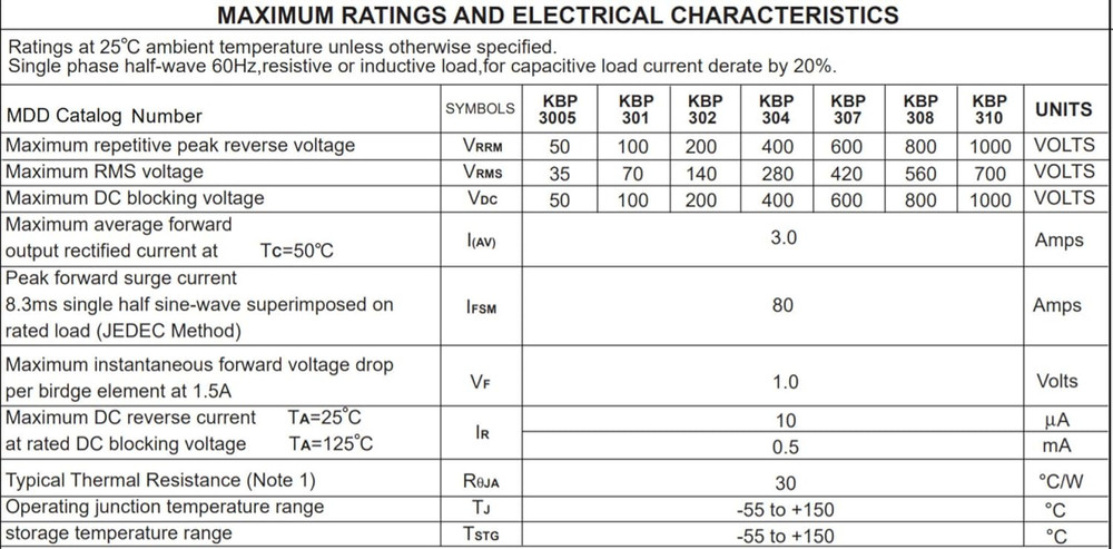 20Pcs KBP310 Bridge Rectifier Diode Single Phase, 1000 V/3A,Full Wave 3 Amp 100