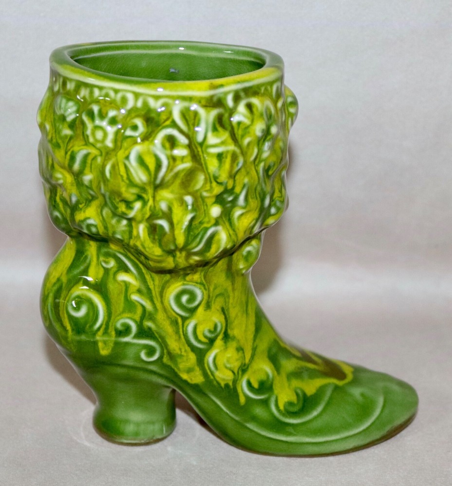 Green & Yellow Glazed Victorian Boot 5.5” Ceramic Planter ~ Vase