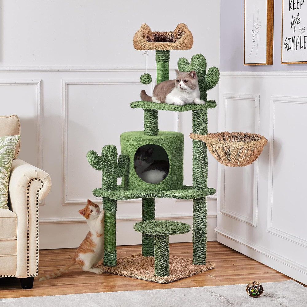 Cactus Cat Tree Tower - 53.5" Multi-Level Playhouse with Scratching Post & Perch