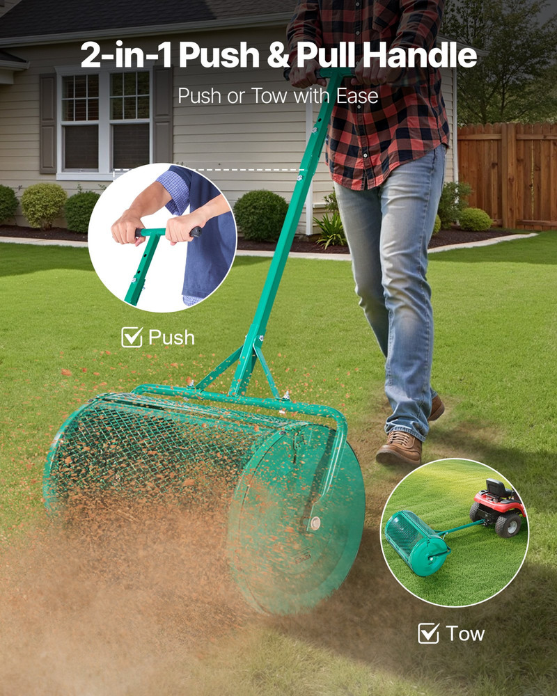 Compost Spreader 24 in Peat Moss Spreader Roller Push/Tow Handle for Yard