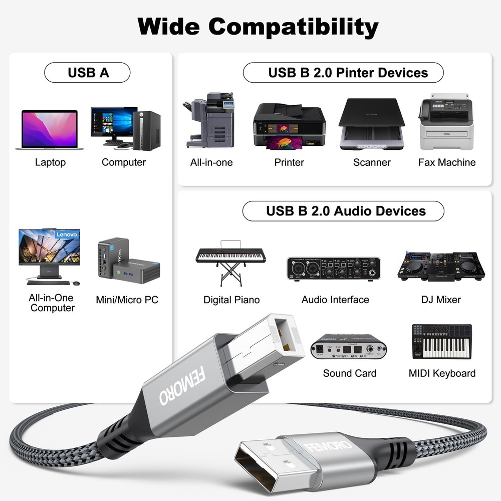 USB Printer Cable 10 Feet 2-Pack, High Speed 2.0 Data Transfer& 10 Feet, Grey