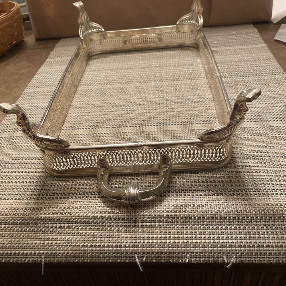 TRAY Silverplate Rectangular Ornate Handles Feet 13” X 8”