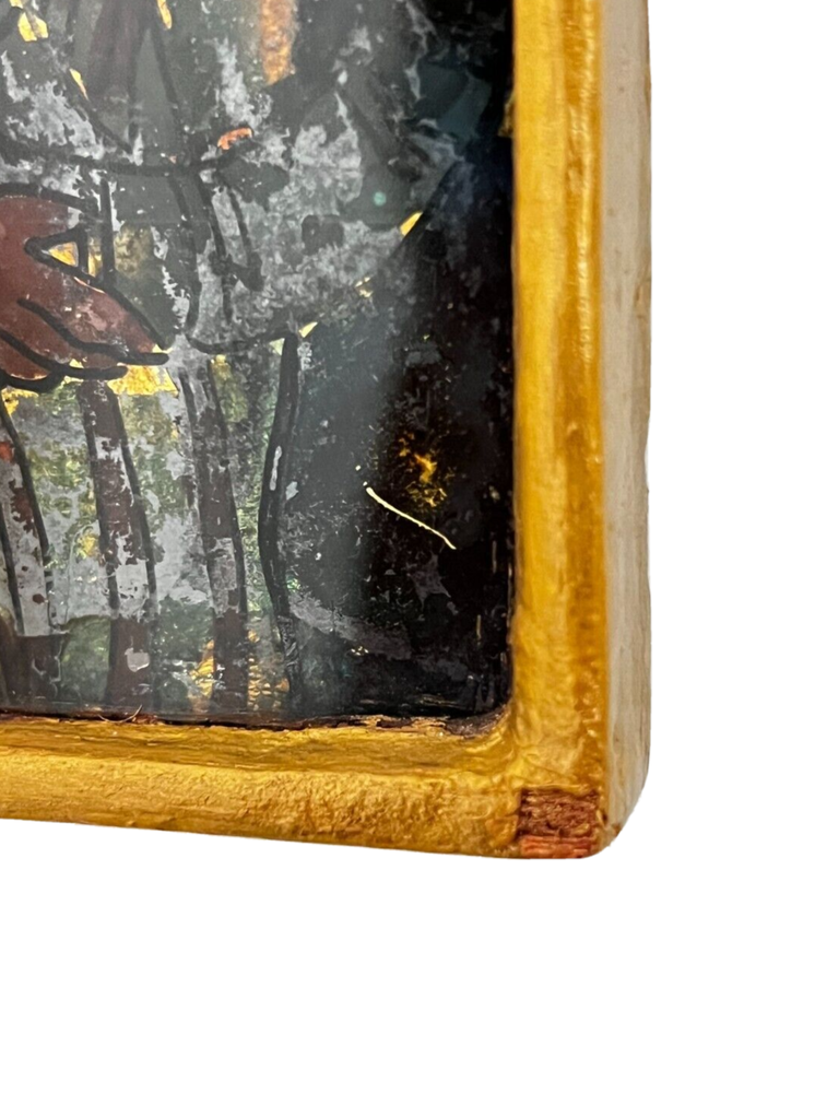 VTG Peruvian Folk Art Reverse Painted Figures 8 Panels Gold Gilt Mirror Frame