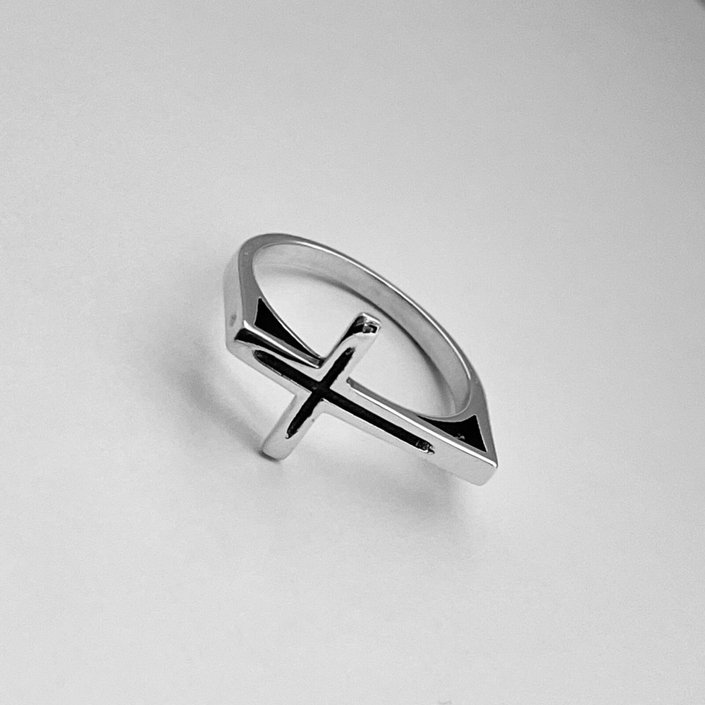 Sterling Silver Unisex Large Sideway Cross Ring, Religious Ring, Silver Rings