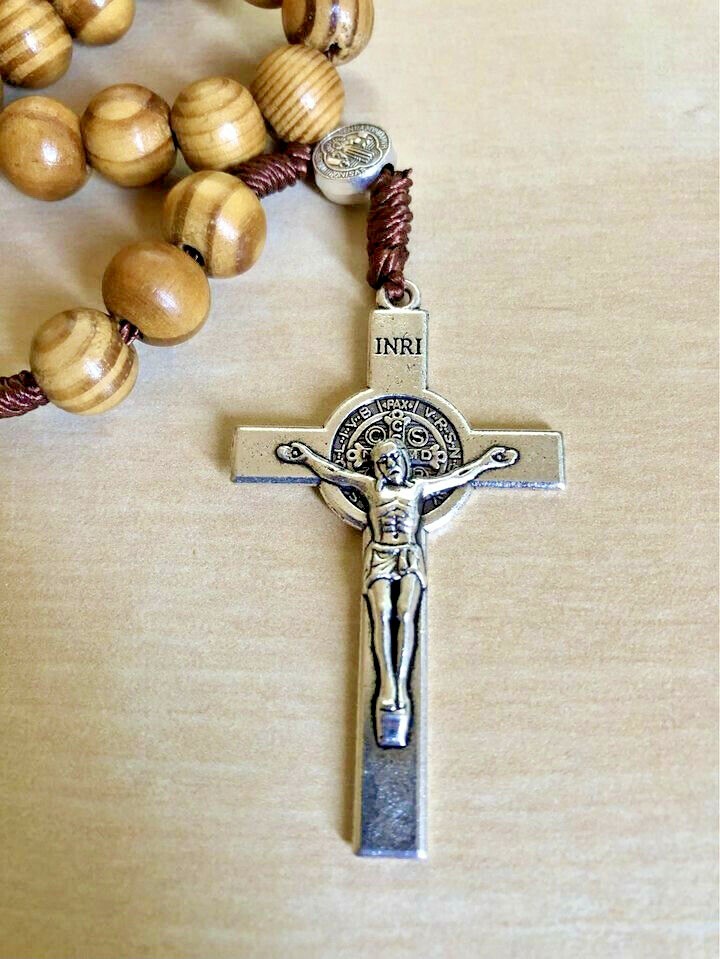Blessed Rosary Necklace Wood Beads Jerusalem Crucifix Holy Land