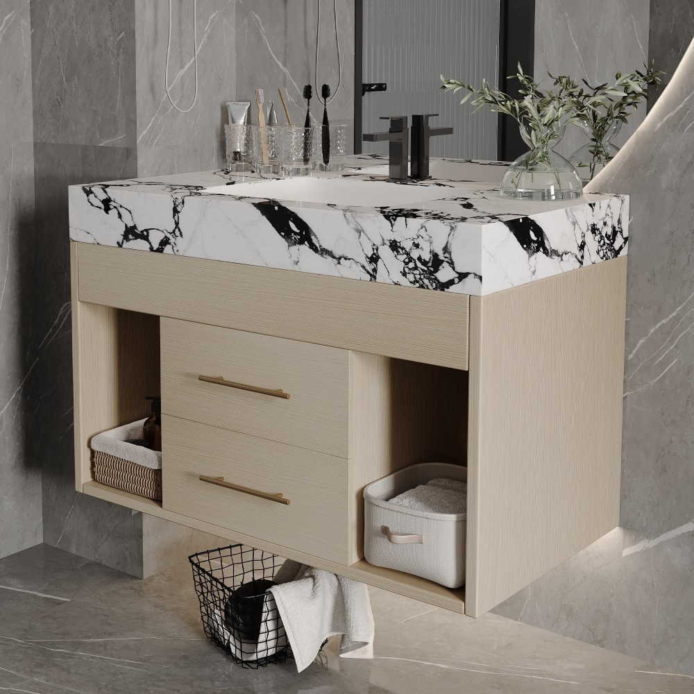 29.9" Wall-Mount Floating Vanity w/ Undermount Sink, Sintered Stone Top