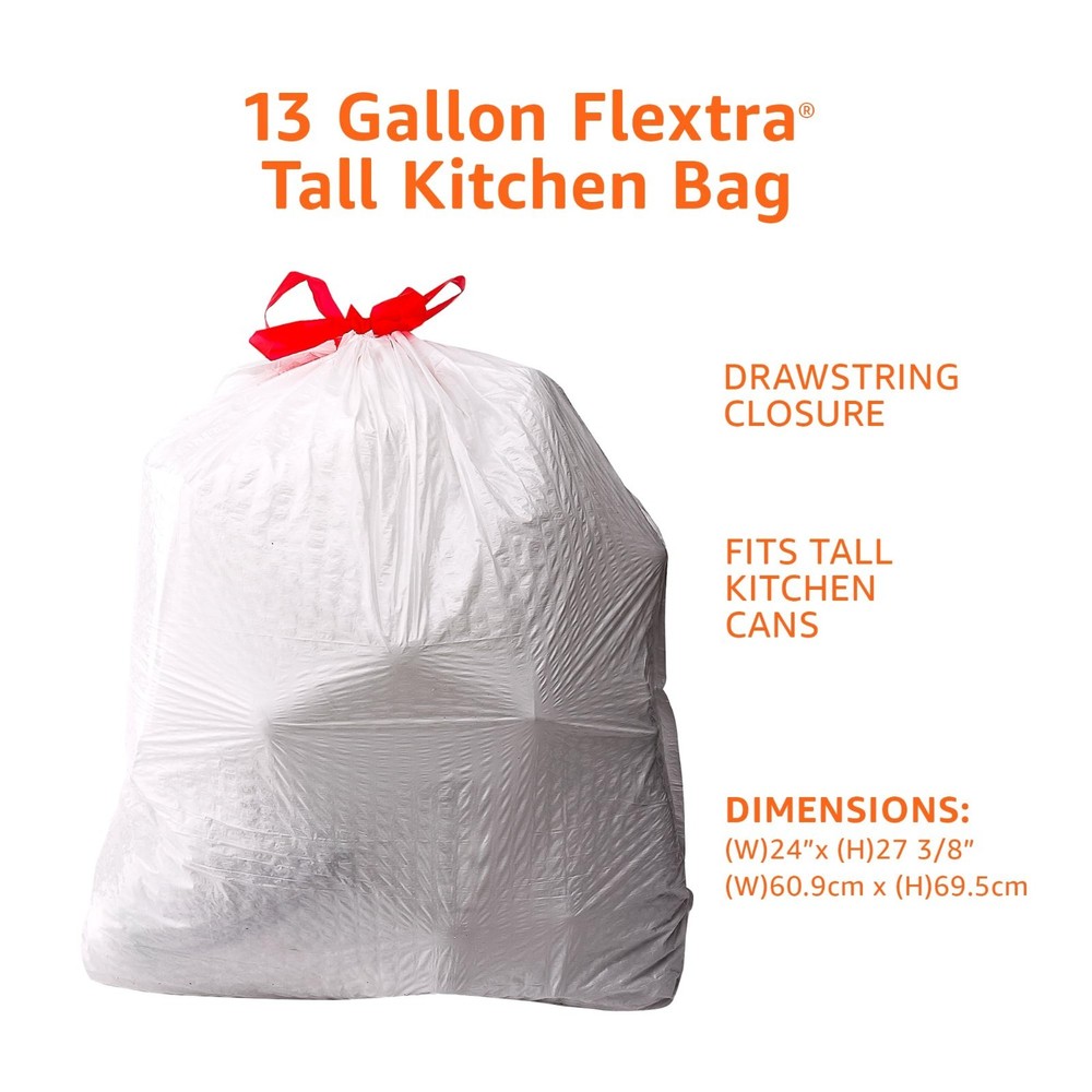 Amazon Basics Flextra Tall Kitchen Drawstring Trash Bags, 13 Gallon, 50 Count, T