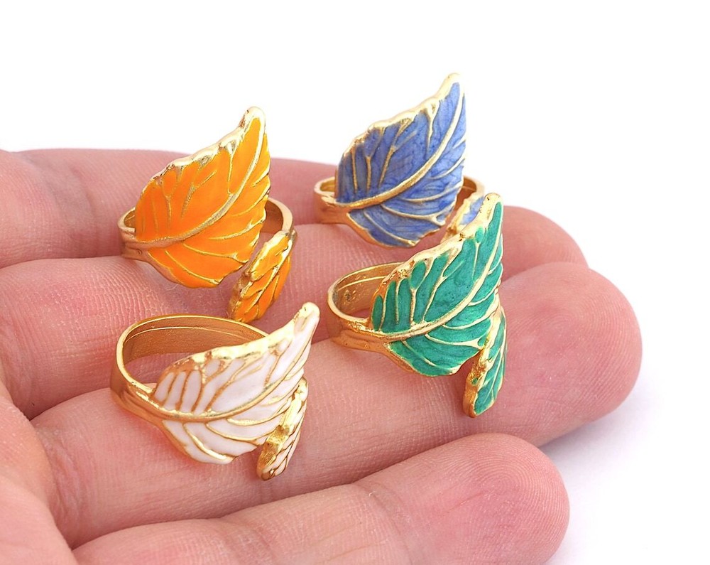 Leaf Ring Adjustable Ring Enamel Filled-Shiny Gold plated brass 7US size 765