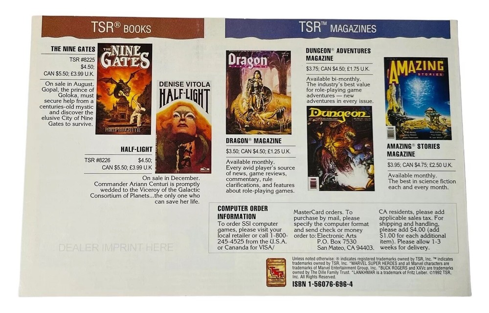 DUNGEONS DRAGONS TSR CATALOG 1992 FALL WINTER D&D GAME QUEST SWORD BATTLE MARVEL